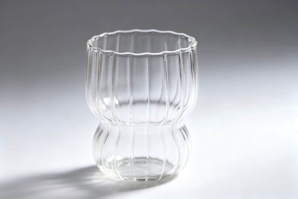 Empty double-layer fluted clear glass cup on neutral grey studio background