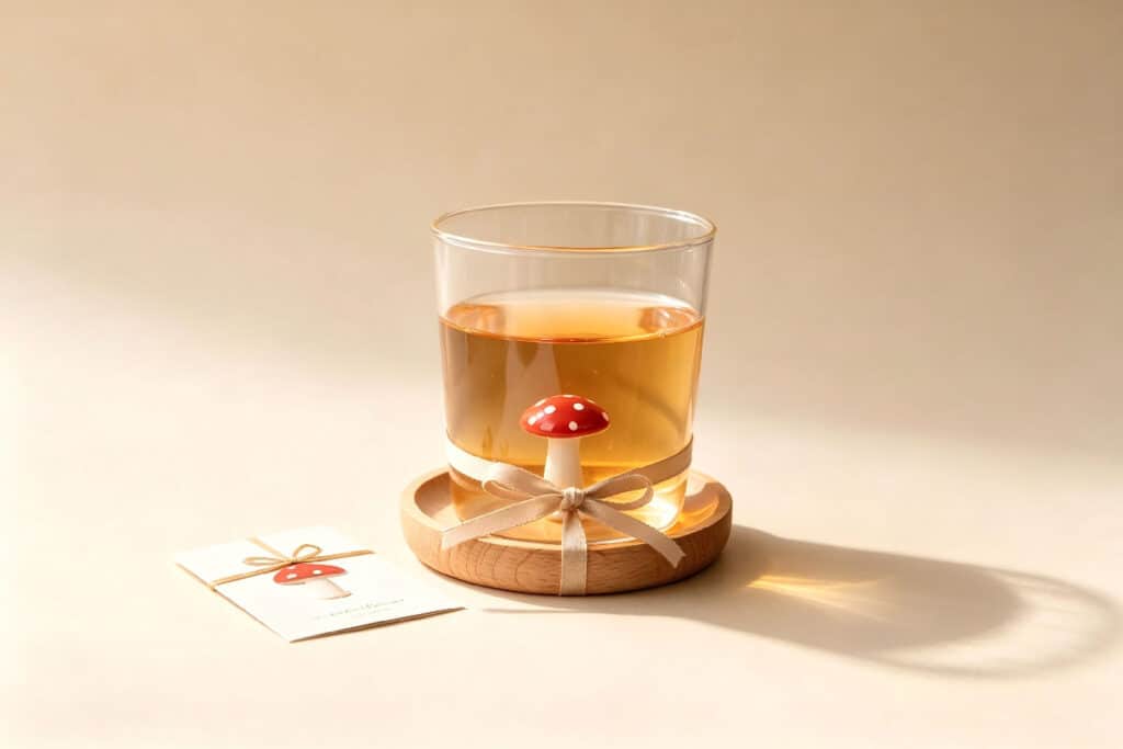 Clear glass tumbler with embedded red polka dot mushroom, filled with tea on wooden coaster, gift styling