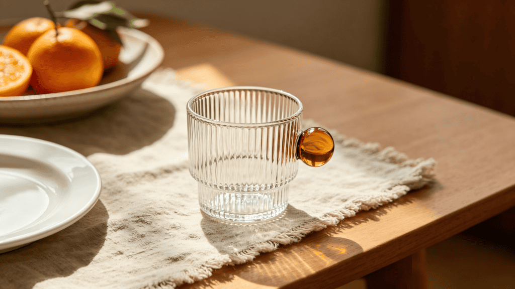 Ribbed clear glass mug with an amber spherical handle, styled on a wooden table with a linen napkin and citrus fruits