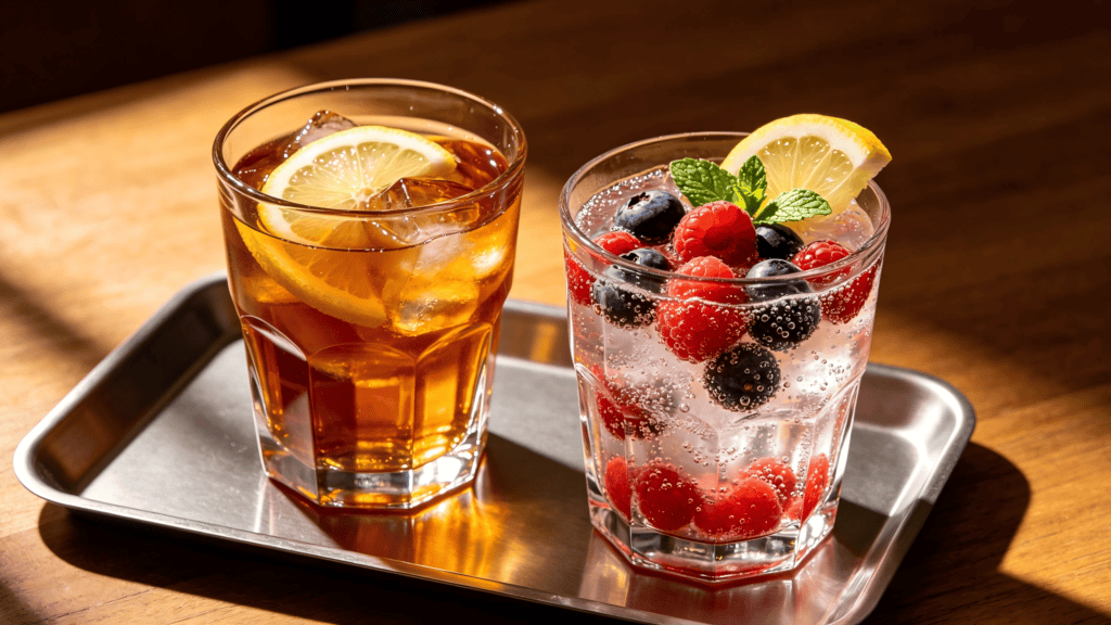 Two faceted clear glass tumblers, one with iced tea and lemon, the other with berry-infused sparkling water, styled on a metal tray