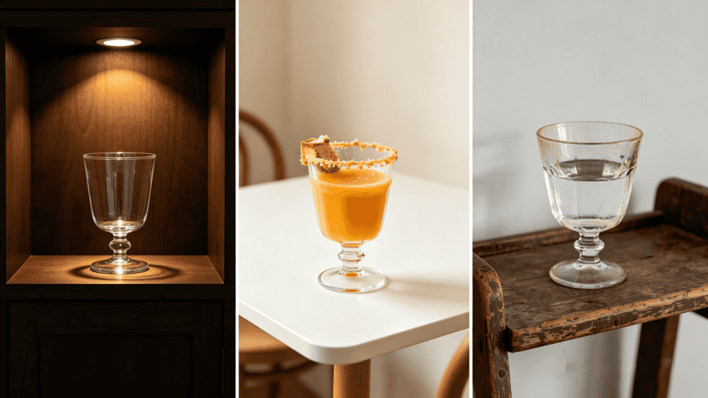 Vintage-style stemmed clear glass tumbler shown in three settings: empty in a wooden niche, filled with orange drink with a crumb rim, and aged on a weathered wooden tray