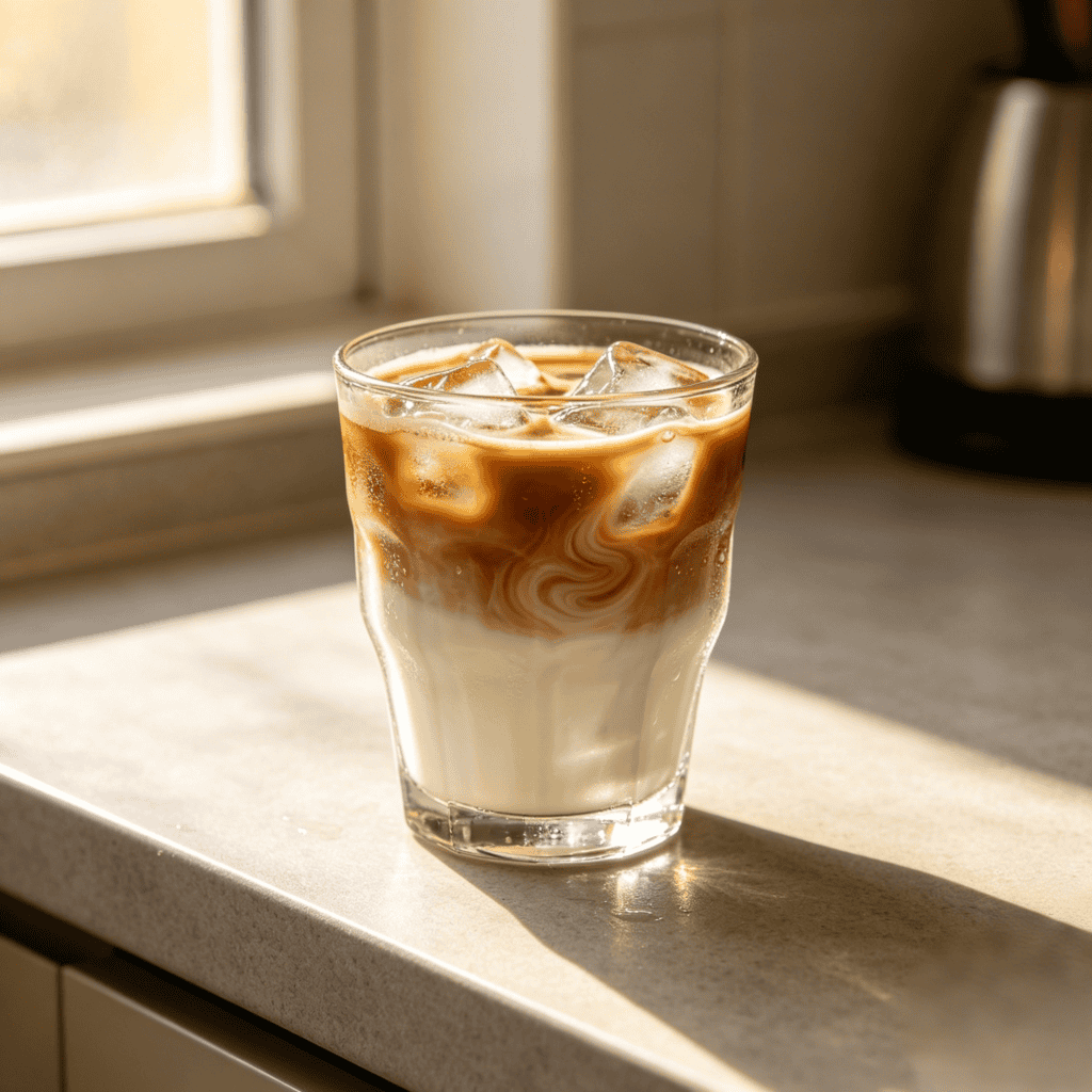 Clear ribbed glass tumbler filled with iced latte, showing layered coffee and milk