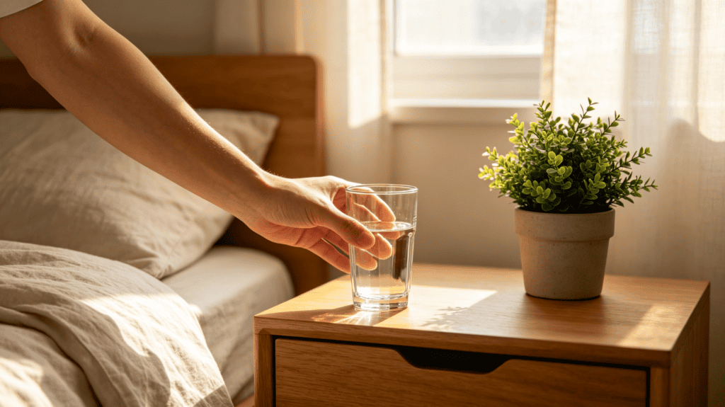 Hand reaching for a clear faceted glass tumbler with water on a sunlit wooden bedside table, cozy bedroom setting