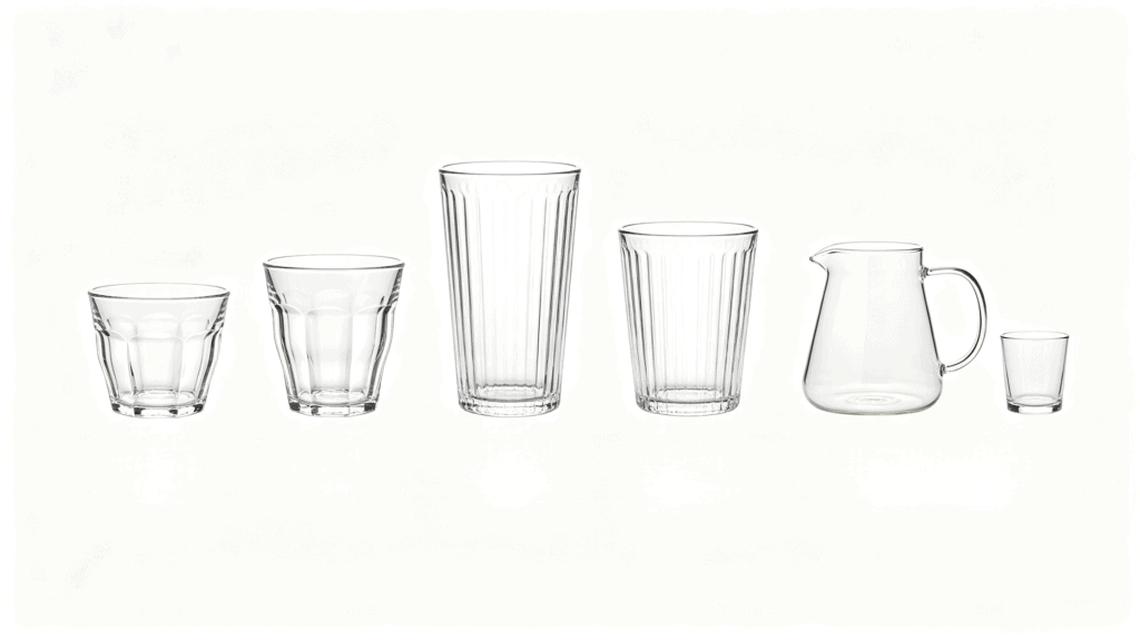 Assorted clear glassware collection including faceted tumblers, ribbed tumblers, a glass pitcher, and a small shot glass, displayed on a plain white background