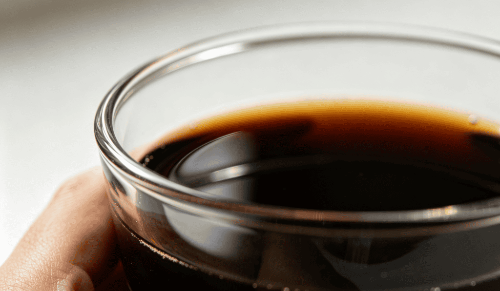 Close-up of a hand holding a double-walled clear glass cup filled with black coffee