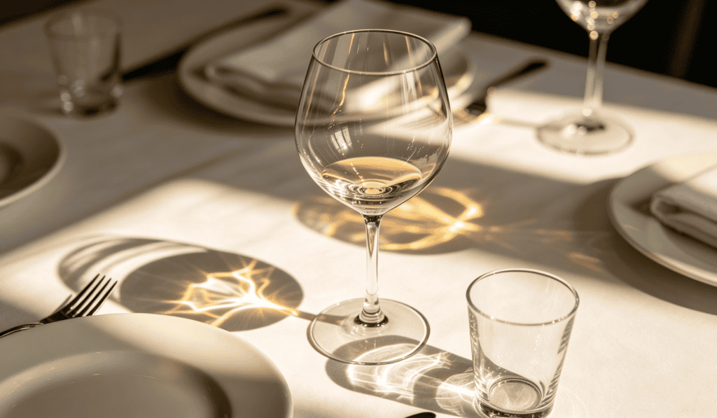 Clear wine glass and tumbler on a sunlit restaurant table with white tablecloth, elegant dining glassware