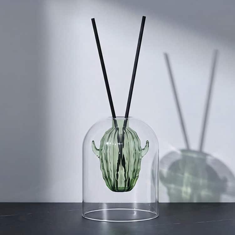 Double-layer glass reed diffuser bottle, ribbed green cactus inner container, transparent bell dome, black reed sticks, modern minimalist home decor