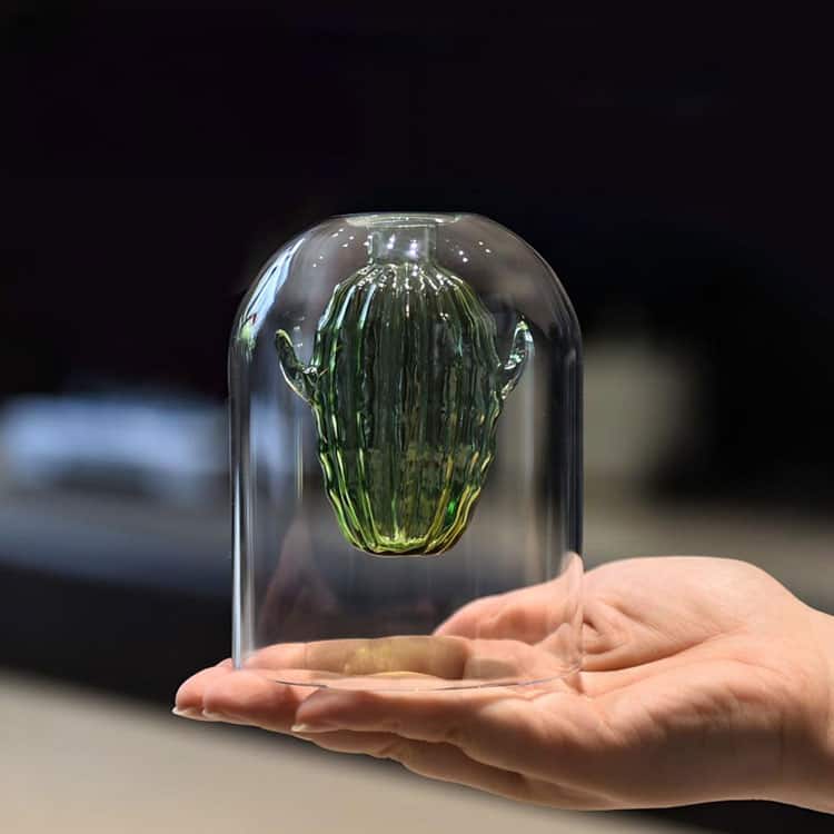 Handheld double-layer glass reed diffuser bottle, ribbed green cactus inner jar, transparent bell dome, creative home fragrance decor