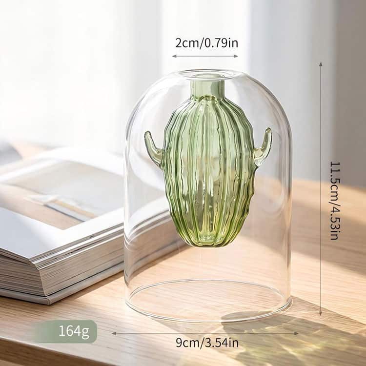 Double-layer glass reed diffuser bottle with dimension marks, ribbed green cactus inner jar, transparent bell dome, size: 9cm × 11.5cm, weight 164g