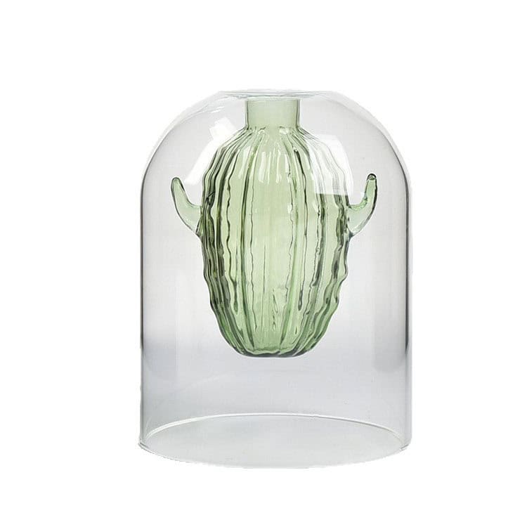 Double-layer glass reed diffuser bottle, ribbed green cactus inner container, transparent bell dome, white background product shot