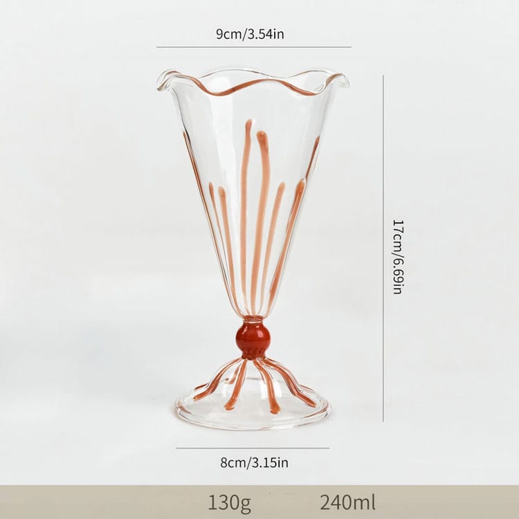 Handblown transparent stemmed glass cup with wavy rim, orange stripe decoration, 240ml capacity, for dessert, cocktail and milkshake