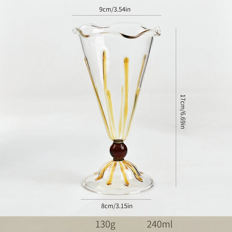 Handblown transparent stemmed glass cup with wavy rim, golden stripe decoration, 240ml capacity, for dessert, cocktail and milkshake