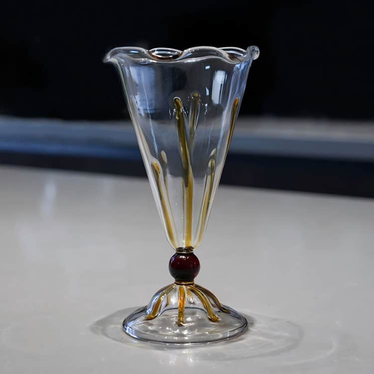 Handblown clear stemmed glass goblet, wavy scalloped rim, vertical golden stripe decor, red bead stem ornament, dessert cocktail cup