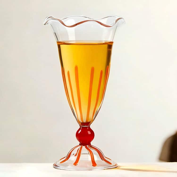 Handblown transparent stemmed glass cup with wavy rim, orange stripe decoration, filled with golden beverage, for dessert, cocktail and milkshake