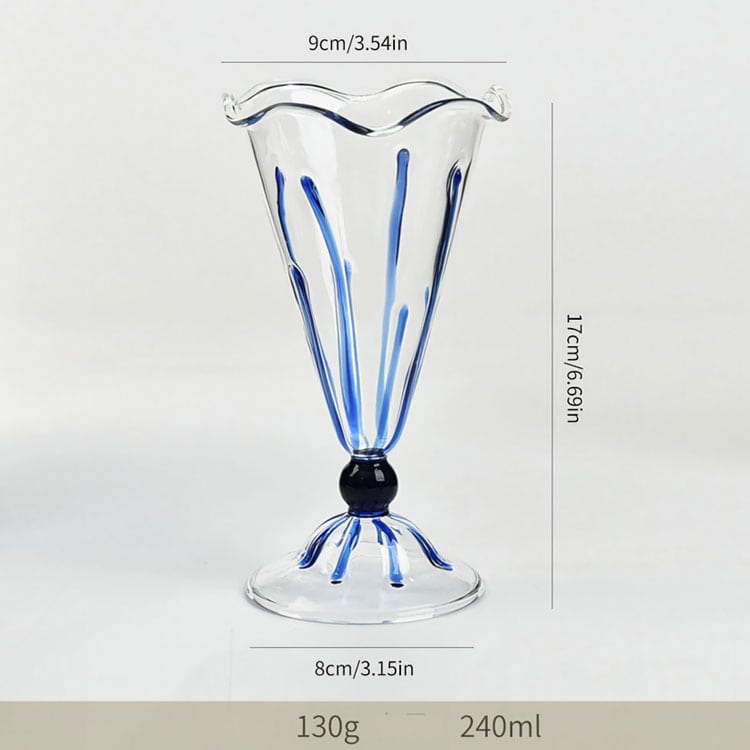 Handblown transparent stemmed glass cup with wavy rim, blue stripe decoration, 240ml capacity, for dessert, cocktail and milkshake