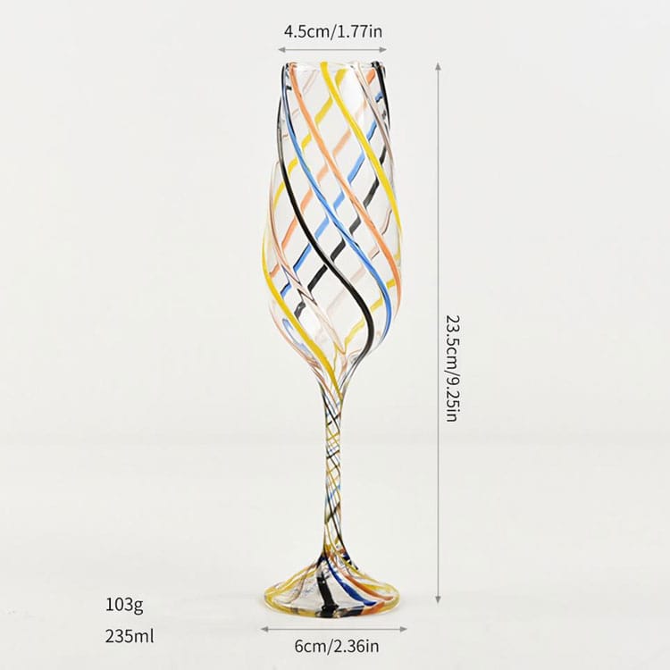 Handblown color swirl striped champagne flute with size markings, capacity 235ml, height 23.5cm, mouth diameter 4.5cm, base diameter 6cm, weight 103g